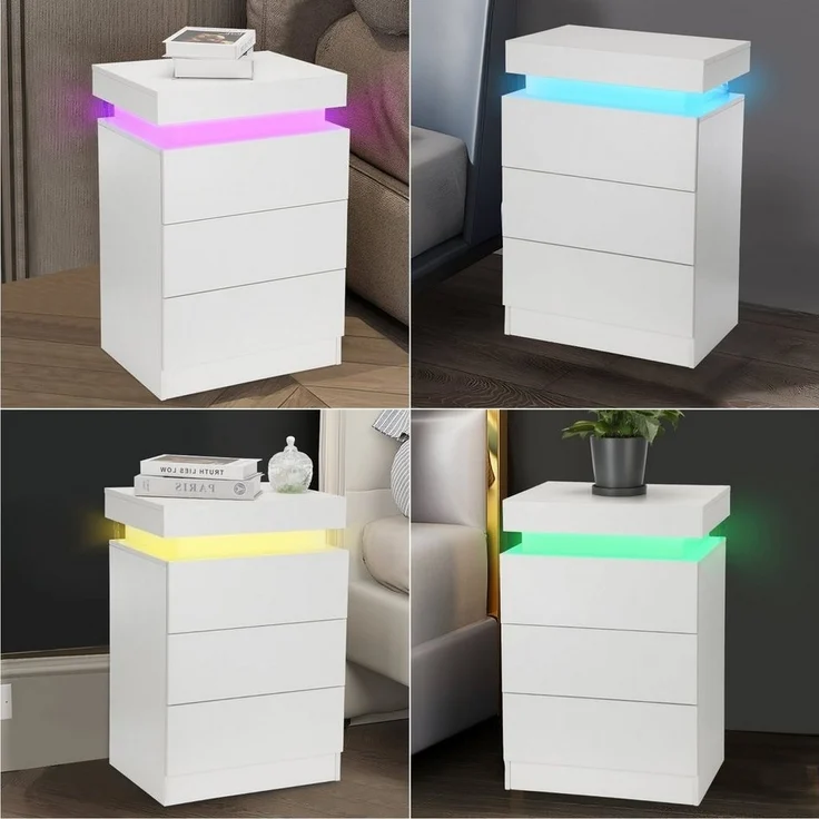 oyajia Nachttisch Hochglanz Nachtschrank mit 2 Schubladen,LED-Beleuchtung 16 Farben (Nachttisch mit LED Streifen, Beistelltisch), Nachttisch mit einstellbare Farben,Sofatisch, 45x35x55 cm Schwarz/Weiß – Bild 3