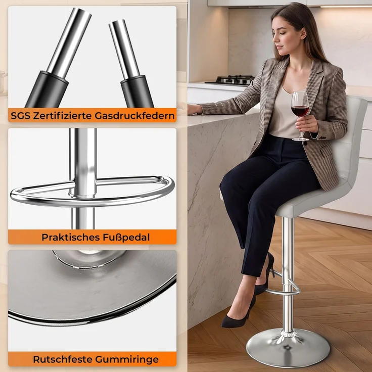 Botifly 2er Set Barhocker Weiß Kunstleder, Höhenverstellbar 60-80cm, 360° Drehbare Barstühle mit Fußstütze, Gepolsterte Theke Hocker für Küche & Bar, SGS Zertifiziert, 46 x 45 x 55 cm – Bild 5