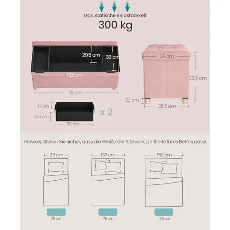 SONGMICS Sitzbank mit Stauraum, Hocker faltbar, 38 x 76 x 38,5 cm, Aufbewahrungsbox mit Deckel, Fußhocker 77 L, Samt, bis 300 kg belastbar, Flur Wohnzimmer Schlafzimmer, pastellrosa LSF0517R01 – Bild 3