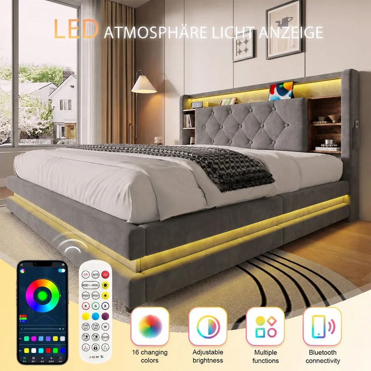 TavilaEcon Boxspringbett Samtbett, Polsterbett mit LED-Beleuchtung & USB-Ladefunktion grau Liegefläche 140 × 200 cm – Bild 3