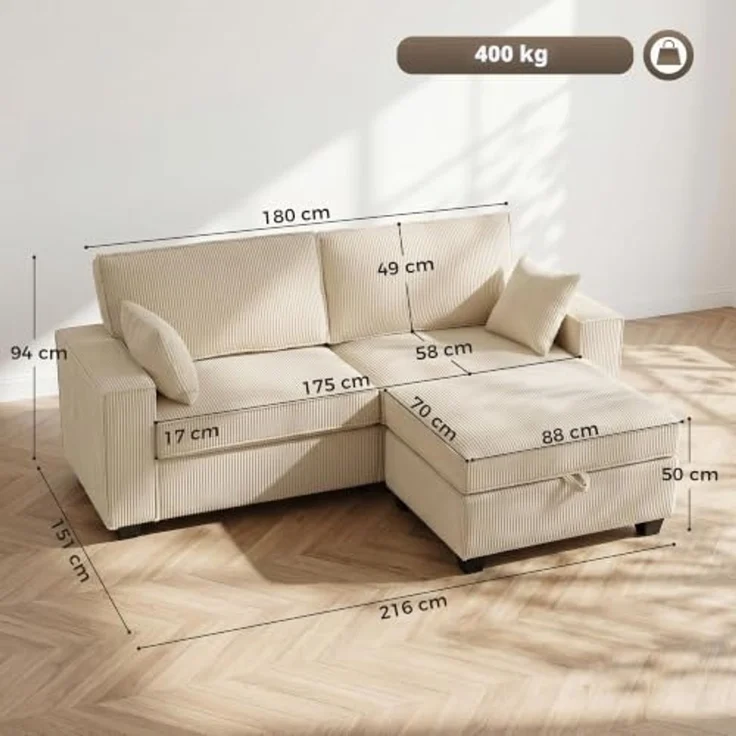 HOMCOM Ecksofa 3-Sitzer Couch mit Kissen, Set 1 Teile, Umkehrbarer Hocker mit Stauraum, Cord – Bild 3