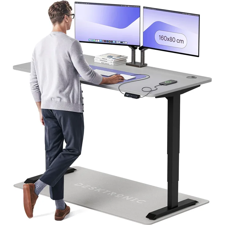 Desktronic HomePro Elektrisch höhenverstellbarer Schreibtisch 160x80cm Schwarz/Grau mit Memory-Funktion, Anti-Kollisions Technologie, USB-A und USB-C-Ladeanschlüssen