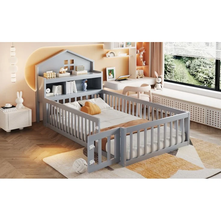 Hausbett Mit Kreidetafel Und Stauraum 90x200 Massivholz Kiefer Sicherheitsbett Mit Tür 120kg Tragkraft Kinderzimmer Montessori Spielbett Kreativ – Bild 1