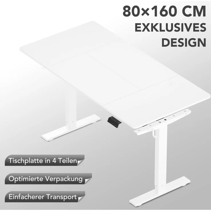 HOMAVO höhenverstellbarer Schreibtisch 80×160 cm, mit Memory- und Anti-Kollisionsfunktion, Höhe 70–117 cm, Weiß – Bild 3