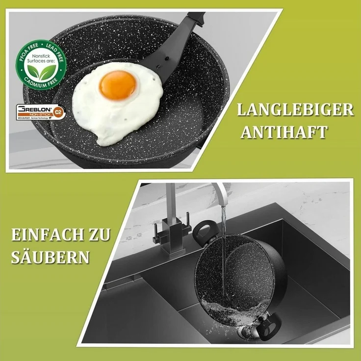 Scheffler Topf-Set Induktions Töpfe Set Schwarze Antihaftbeschichtung mit Glasdeckel, Aluminium (Set, 4-tlg, Ø24 4,4L/Ø28 6,5L Töpfe,24 5,8cm/28 6,8cm Pfanne), Induktionsgeeignet – Bild 3