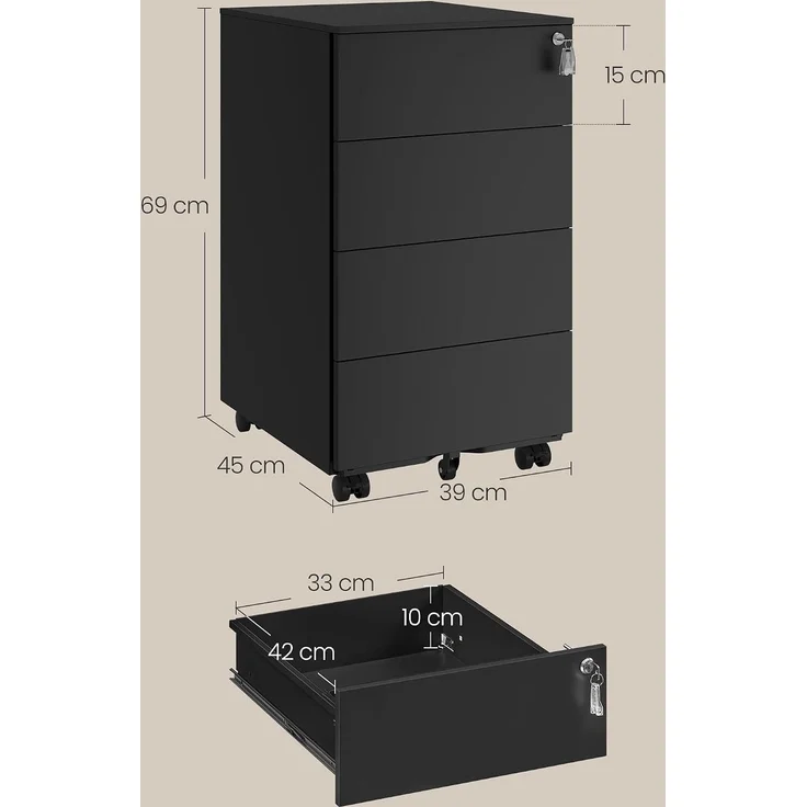 Songmics Rollcontainer abschließbar mit 4 Schubladen, Stahl tintenschwarz, 45,1 x 39 x 69,3 cm – Bild 3