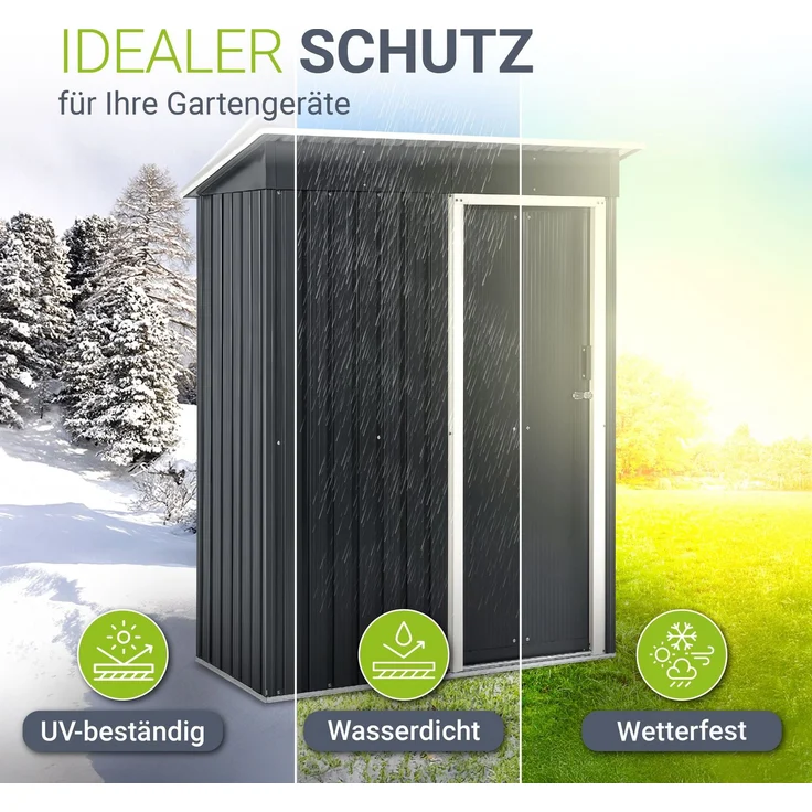 Juskys Metall Gerätehaus S mit Pultdach, Schiebetür & Fundamentrahmen | 1 m² | 164 x 88 x 182 cm | Anthrazit | Geräteschuppen Gartenhaus Schuppen – Bild 3