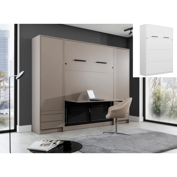 QMM TraumMöbel Schrankbett Wandbett GN 140x200 mit LED, Schreibtisch & 2 Schränken (Set) vertikal klappbar – Bild 1