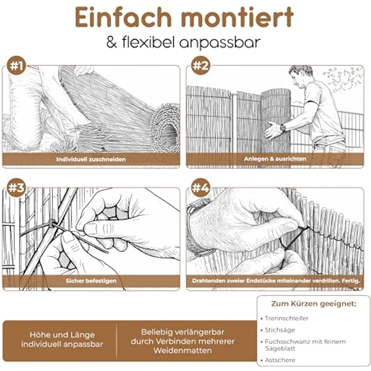 BOOGARDI Weidenmatte - 20 Größen - Weidenzaun 80 cm hoch x 300 cm lang - Sichtschutzmatte Balkonverkleidung Gartenzaun Sichtschutz Zaun Garten Balkon Sichtschutzzaun Holz Weide – Bild 5