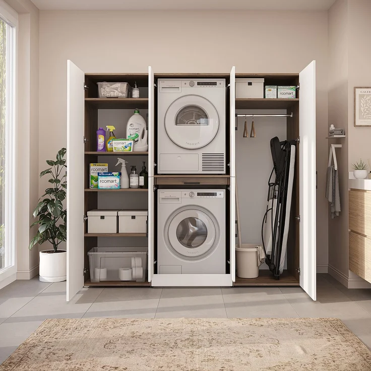 Roomart Waschmaschinenschrank - DORA-I- 190 cm breit - Wasch- & Trocknerschrank mit 2 Hochschränken, Türen & Ausziehbrett, Waschmaschinen-Überbau für Waschküche & Hauswirtschaftsraum • Weiß-Eiche – Bild 6