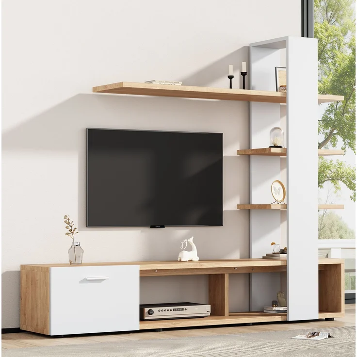 DESVIAE TV-Schrank-Set mit 3 Wandregalen und Stauraum, 180x151,5x33,5 cm, Spanplatte, Weiß und Holzfarben – Bild 2