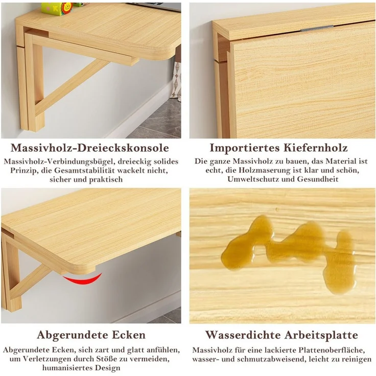 TUWENA Klapptisch Wandklapptisch Aus Massivholz, Klapptisch Schwimmender Schreibtisch, Für Küche, Arbeitszimmer und Heimbüro – robustes einfache Installation – Bild 3