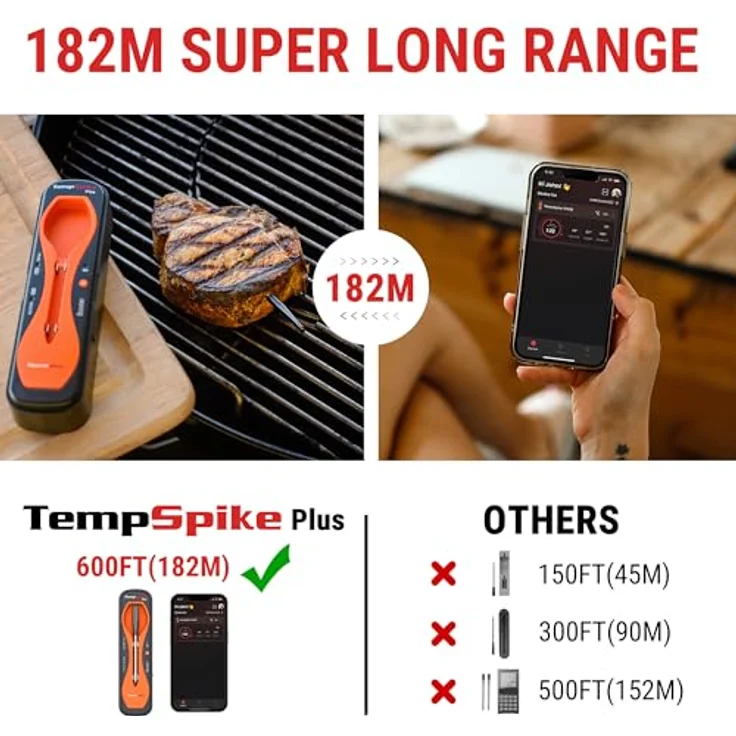 ThermoPro TempSpike Plus 180M kabelloses Fleischthermometer mit verbesserter ultradünner Sonde Bluetooth-Bratenthermometer für den Außengrill Smoker Grillthermometer mit APP für BBQ Küchen – Bild 3
