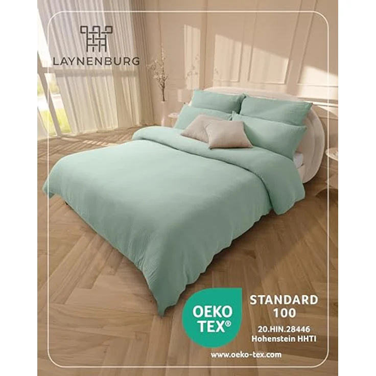 Laynenburg Bettwäsche Musselin aus 100% Baumwolle in 135x200 oder 155x220 cm, atmungsaktiv & bügelfrei – 3 lagig mit Reißverschluss & Haltebändern – Bild 3