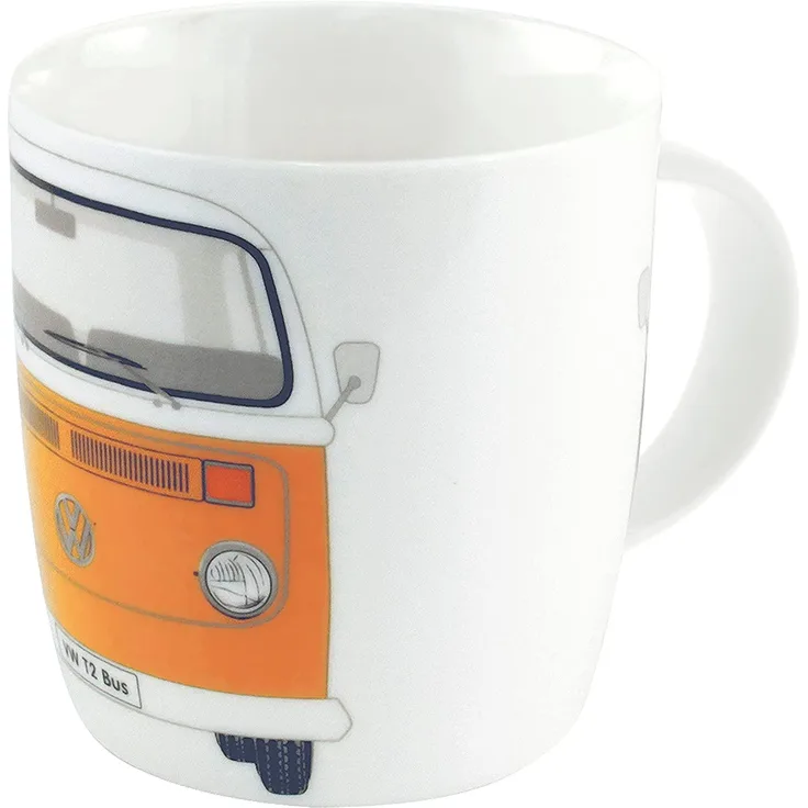 VW Collection by BRISA Tasse Volkswagen Große Keramik Kaffee-Tee-Cappuccino-Tasse-Becher-Haferl, New Bone China, im T2 Bulli Bus Design Bus Front in Orange