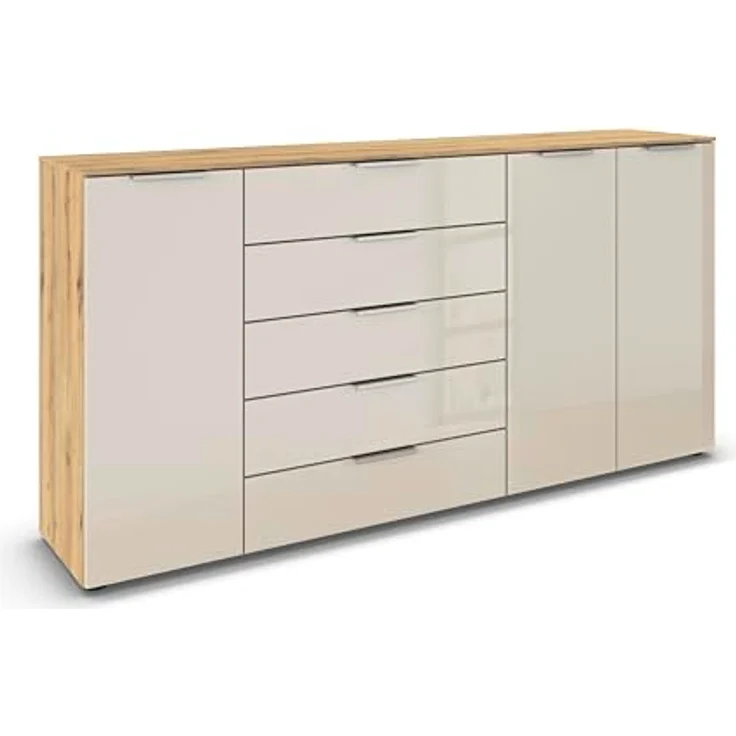 Rauch Möbel Flipp, Kommode für Schlafzimmer, Kinderzimmer, Wohnzimmer, Flur, Garderobe, 3-türig, 5 Schubladen, mit Softclose-Funktion, Farbe Eiche Artisan, Holz/Glas Beige, Breite 199 cm – Bild 2