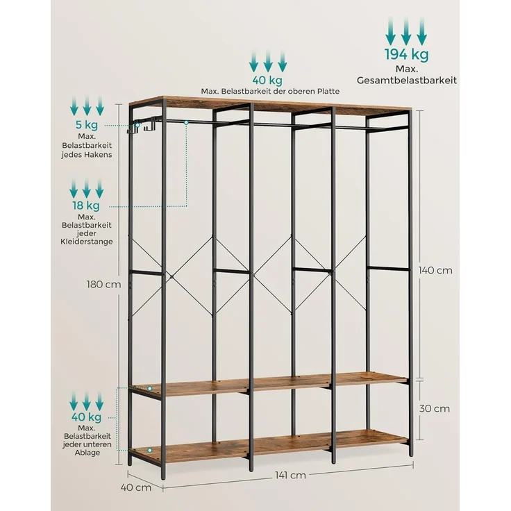 SONGMICS Kleiderschrank offen, Kleiderständer, Garderobenständer, Garderobe mit Kleiderstange, Ablagen, abnehmbare Haken, 40 x 141 x 180 cm, vintagebraun RGR005B01 – Bild 6