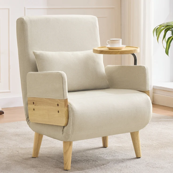 Verstellbarer Loungesessel mit 360° Holztablett, Leinen, 88x74,5x66 cm, Beige – Bild 5