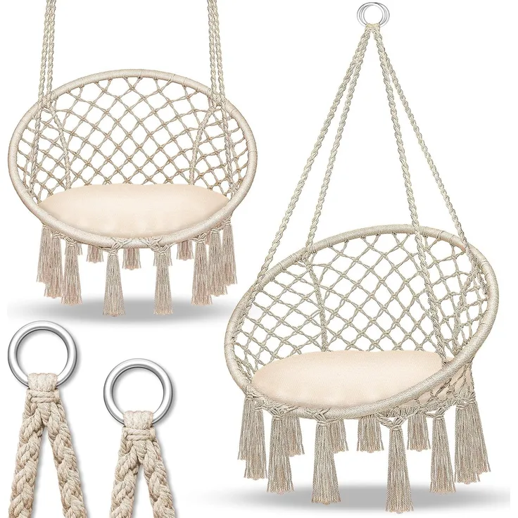 tillvex® Hängesessel Beige 150kg zum Aufhängen | Hängestuhl Indoor | Hängekorb | Schaukelkorb mit Kissen