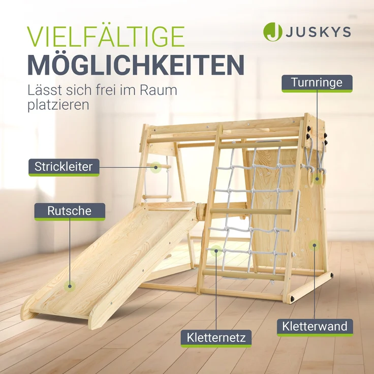 Juskys Mini Klettergerüst mit Rutsche, Kletterwand, Kletternetz & Turnringe, klappbar, Holzwerkstoff natur, 105 x 100 x 100 cm – Bild 3