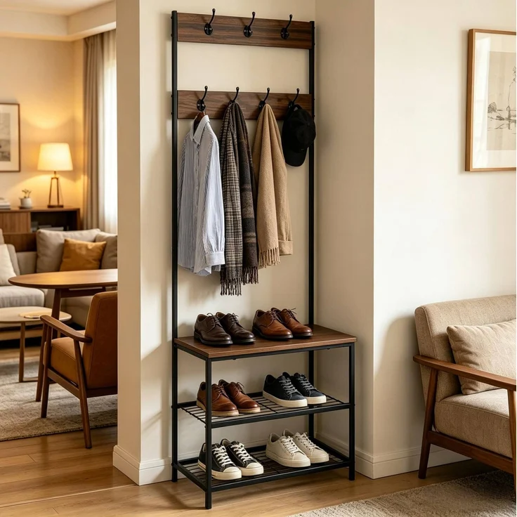 Garderobenständer 60 x 30 x 170 cm mit Schuhbank, 7 Doppelhaken und 2 Schuhablagen – Bild 2