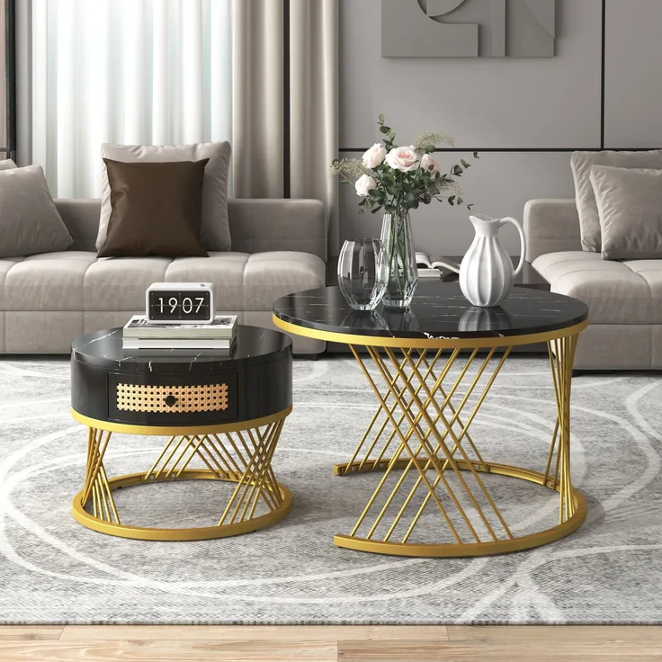 2-in-1 Couchtisch-Set rund mit Marmorplatte & Rattan-Schublade in Schwarz/Gold - 70x70x45,5 + 50x50x38,5 cm