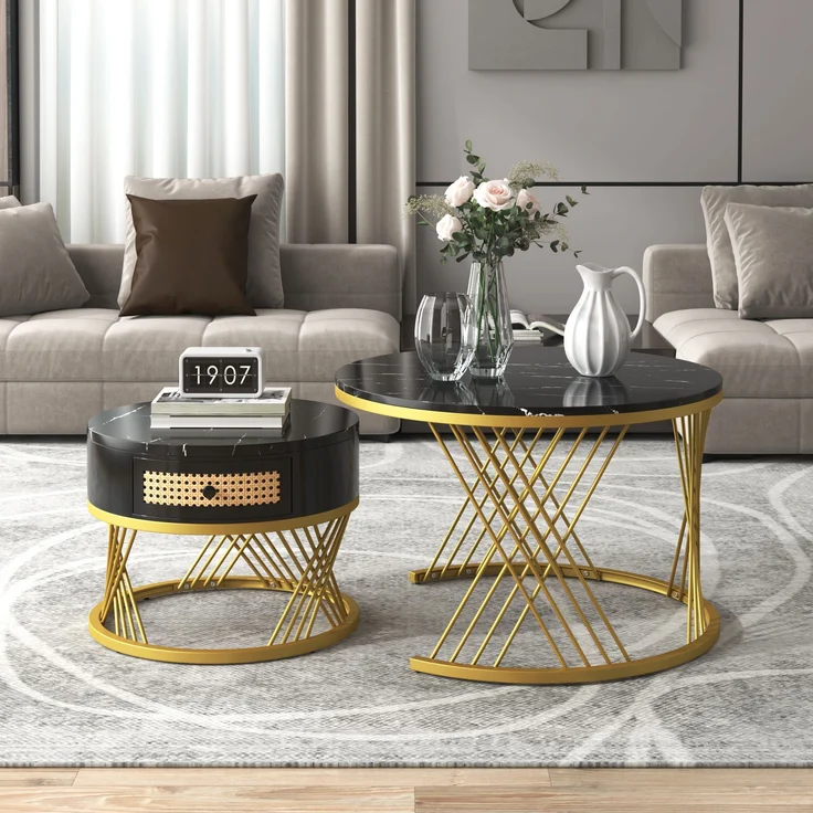 2-in-1 Couchtisch-Set rund mit Marmorplatte & Rattan-Schublade in Schwarz/Gold - 70x70x45,5 + 50x50x38,5 cm – Bild 1
