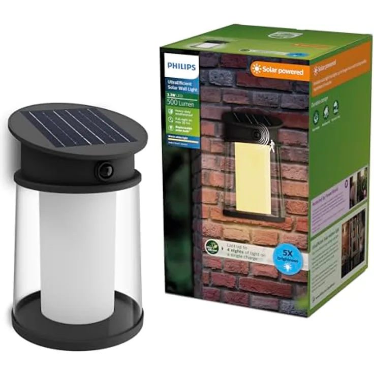 Philips Juda UltraEffiziente Solar-Wandleuchte, Austauschbare Solarlampe mit Bewegungssensor, 2700K warmweißes Licht, Schwarz