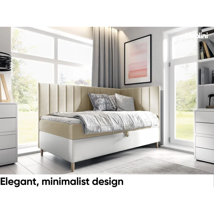 MEBLINI Kinderbett mit Bettkasten MAYA 3 80x200 Rechts - H3/Beige Samt Gepolstert Einzelbett mit Matratze - Polsterbett mit Stauraum - Bett mit Kopfteil – Stauraumbett – Bild 2