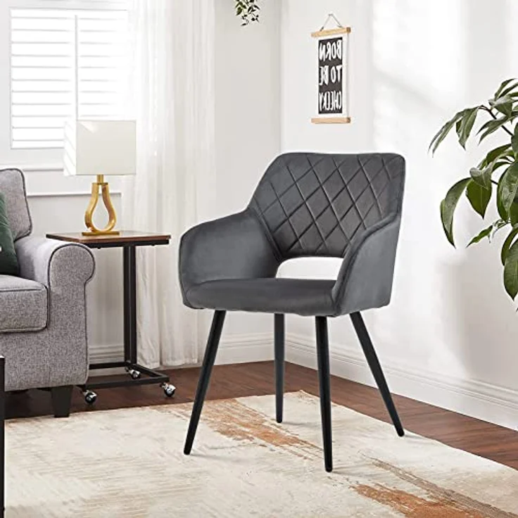 TUKAILAI Esszimmerstühle 2er Set aus Samt, Küchenstuhl Polsterstuhl mit Offener Rückenlehne,Armlehnen,Gepolstertem Sitz, Metallbeinen, Grau Stühle für Wohnzimmer,Esszimmer,Küche – Bild 9
