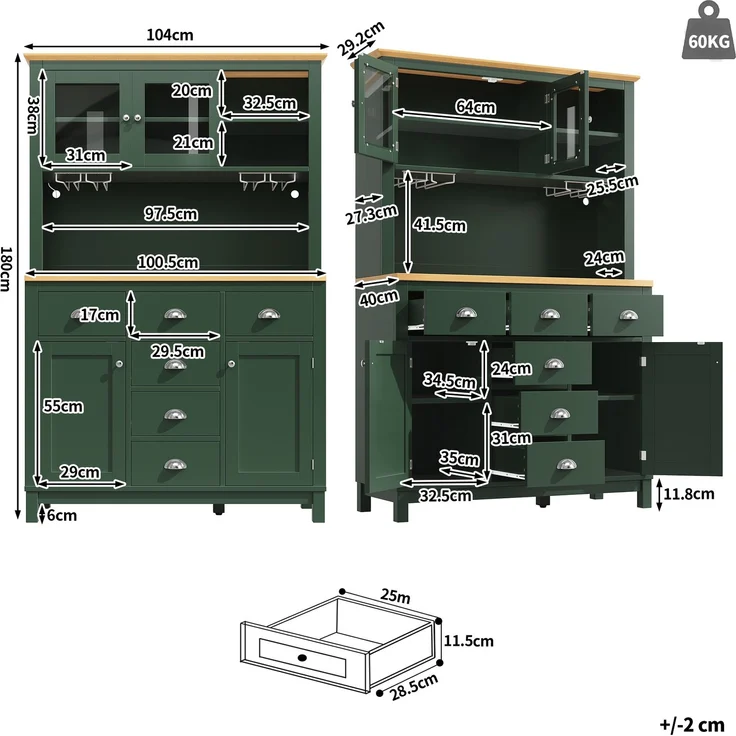 EINHOM Seitenboard / Aufbewahrungsschrank / Küchenschrank / Buffetschrank, 104 x 40 x 180 cm, Landhausstil, 4 Türen, mit LED-Lichtleiste & Getränkehaltern, Grün/Weiß, Grün – Bild 2