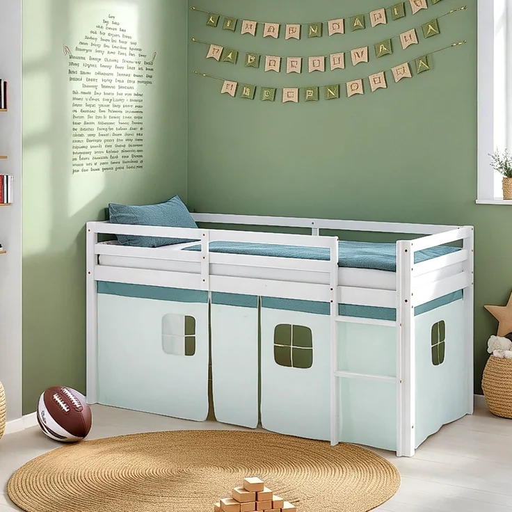 Hochbett Kinder 90x200 cm mit Lattenrost Kinderbett Kinderhochbett Stockbett Vorhang Grün Mintgrün Holz Massiv – Bild 2