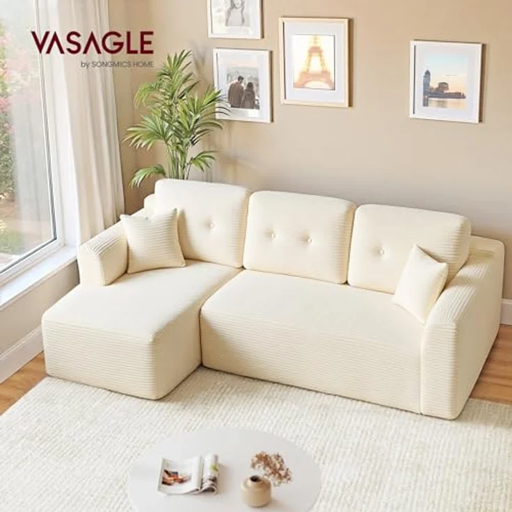VASAGLE Ecksofa, modulares Sofa 244 cm breit, vakuumverpackt, Schlafsofa, Keine Montage erforderlich, mit großer Chaiselongue Links, für Wohnzimmer, Gästezimmer, cremeweiß LCS183WD01 – Bild 3