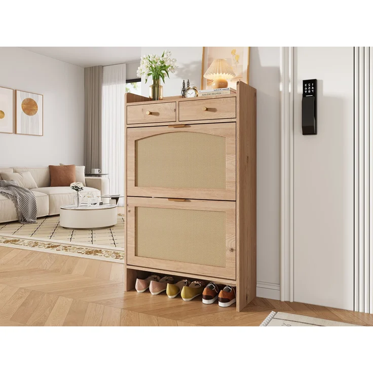ZUBALIYA Schuhschrank (65 x 25 x 106 cm), 2 Klappfächer und 2 Schubladen, Fronten in Flechtoptik, Aus Spanplatte, Naturfarben – Bild 22
