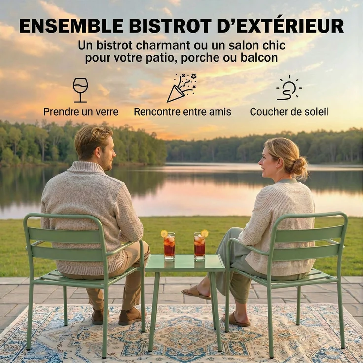3-teiliges Garten-Bistro-Set – Couchtisch aus Hartglas und 2 Stühle mit Lattenbeinen, Gestell aus verzinktem Stahl, grün – Bild 6