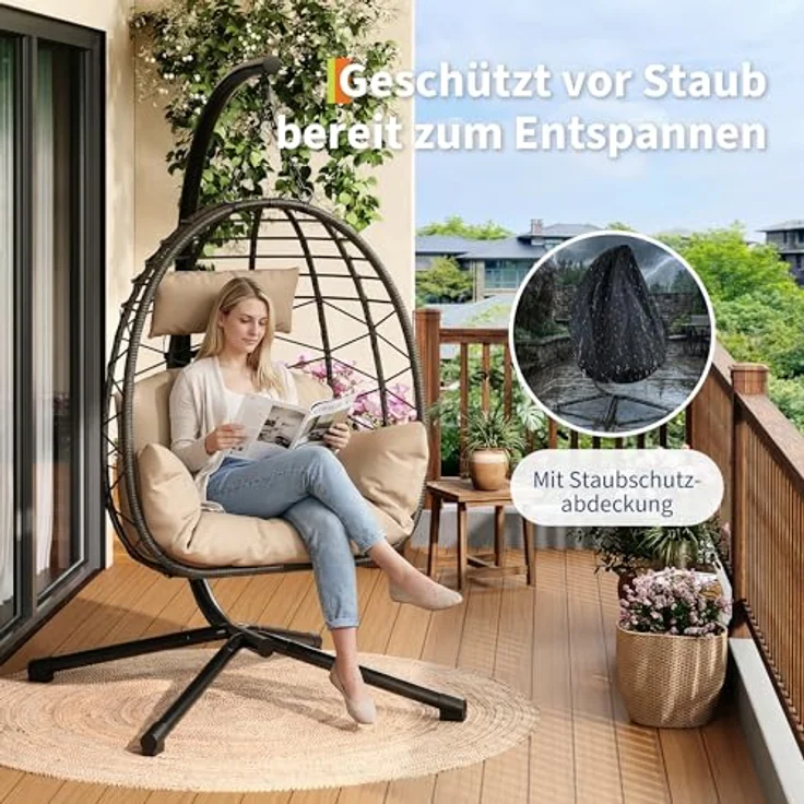 Hängesessel mit Gestell Outdoor bis 150 kg belastbar, Rattan Hängesessel mit Metallgestell, ideal als Hängesitz Indoor mit Gestell für Garten, Terrasse & Balkon Beige – Bild 6