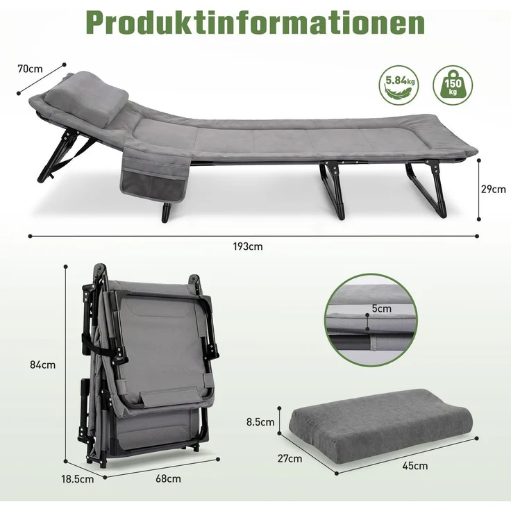 Sekey Feldbett Verstellbar Campingbett Klappbar Gästebett mit Matratze und Kissen, 193 x 70 x 29 cm, Grau – Bild 7