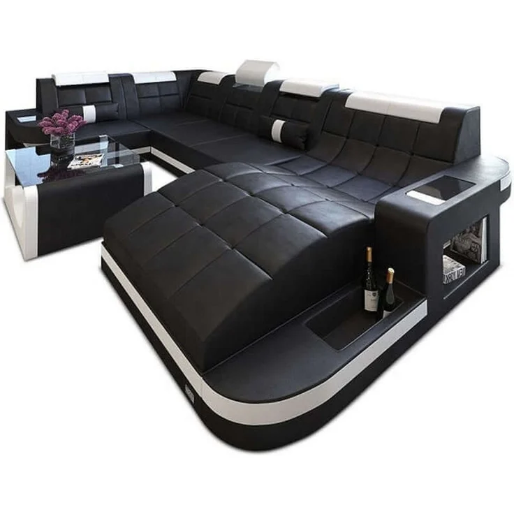Mini Relax Wohnlandschaft Wave mit LED – Komfort - Ledermix - Schwarz-Weiß - Rechts – Bild 1