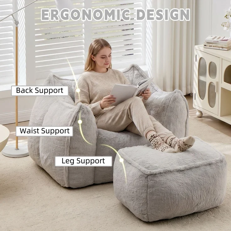 Riesiger Sitzsack für Erwachsene und Kinder, Sitzsack-Sofa mit Kunstfellbezug, Kissen und Hocker, bequemes Lese- und Spielsofa für Schlaf- und Wohnzimmer, Grau--Grau--123x157x73cm--YOUDENOVA – Bild 5