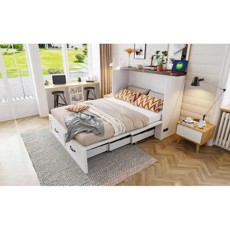 ZUBALIYA Klappbett 140 × 200 cm, Metall und Holz, Ausziehbett, Weiß – Bild 13