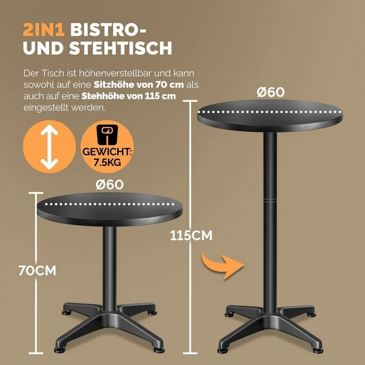 Casaria Stehtisch (1-St), Höhenverstellbar Klappbar 70cm/115cm Hoch Alu Rund Ø60cm Wetterfest – Bild 3