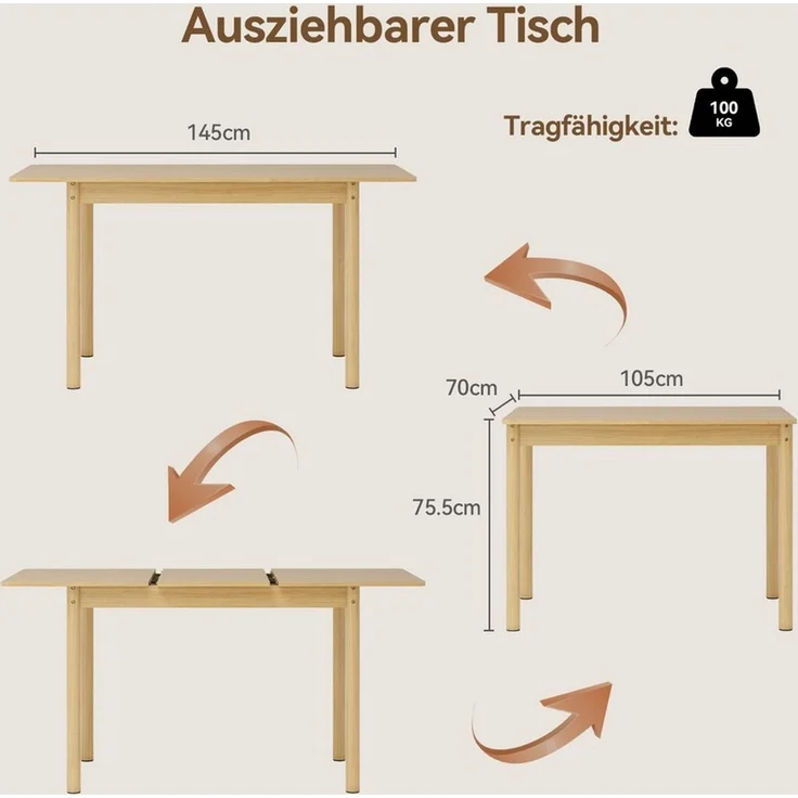 Puluomis Esstisch ausziehbar Massivholz mit Stauraum, 105-145cm verstellbar (für 2-6 Personen, 120kg tragfähig für Wohnzimmer Esszimmer natur) – Bild 3