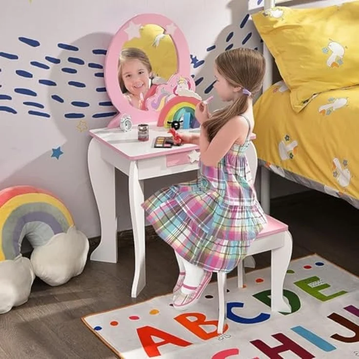 FANTASK Kinderschminktisch mit Schublade und abnehmbarem Spiegel, Prinzessinnenschminktisch mit Hocker, rosa und weißer Schminktisch für Mädchen von 3-7 Jahren – Bild 2