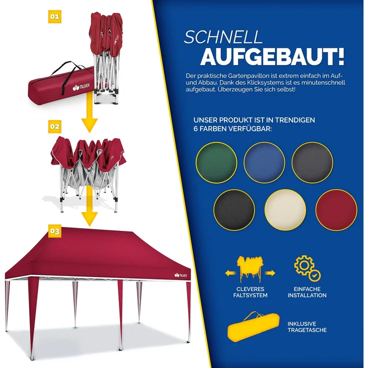 tillvex Pavillon 3x6m Rot wasserdicht | Pop-Up Faltpavillon höhenverstellbar | Gartenzelt UV Schutz 50+ | Partyzelt mit Tasche für Garten – Bild 8