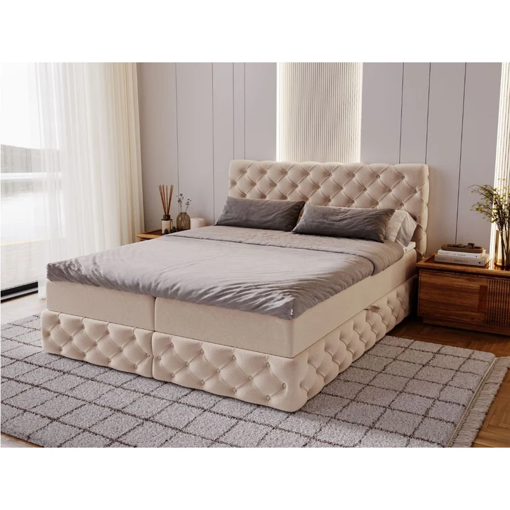 GRAINGOLD Canolo Doppelbett 140x200, Boxspringbett mit zwei Bettkästen, Glamour Stil, Velour-Stoff, Beige – Bild 1