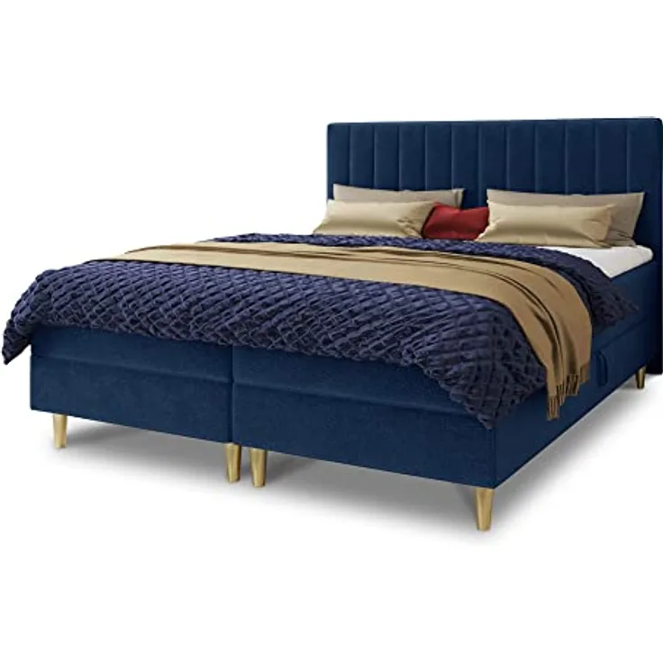 Boxspringbett Gold mit 2 Bettkästen und Topper - Doppelbett, Bonell-Matratze, Polsterbett, Bett mit Matratzentopper, Schlafzimmer, Velours Stoff (Blau (Manila 26), 180 x 200 cm)