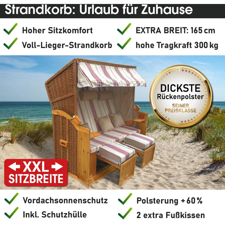 BRAST Strandkorb, Ostsee 3-Sitzer, XXL Volllieger inkl. Schutzhülle, Poly-Rattan, Rot/Beige gestreift, 165 x 160 x 79 cm – Bild 7