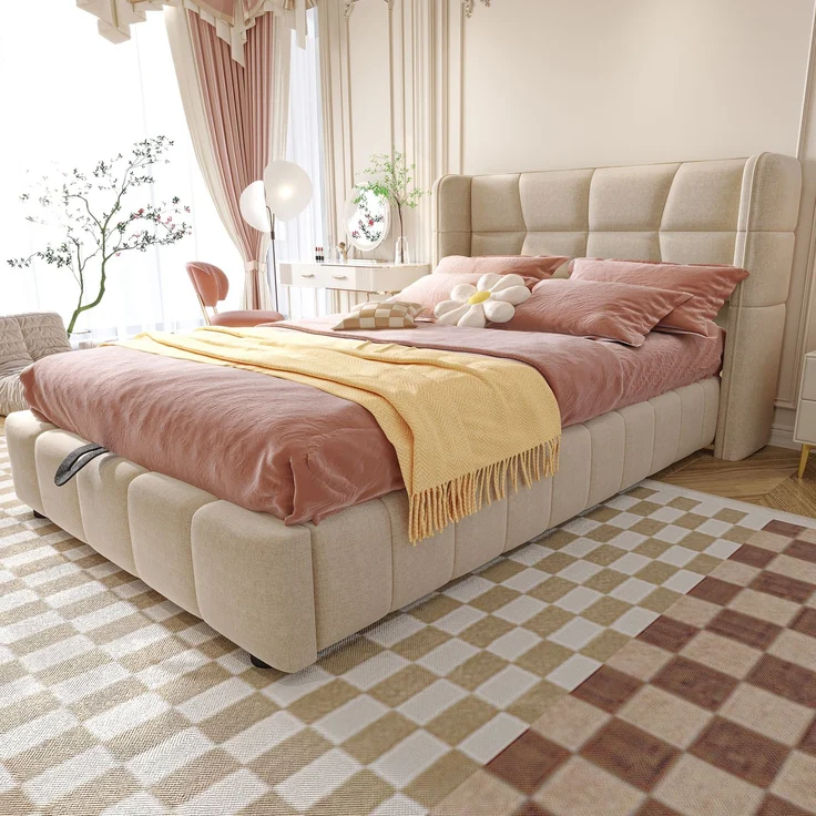 EINHOM Polsterbett 90 x 200 cm, Kinderbett mit Lattenrost, Kopfteil und Pneumatischem Stauraumsystem, Leinenrahmen, Geeignet für Kinder und Jugendliche, Beige, (Ohne Matratze) – Bild 3