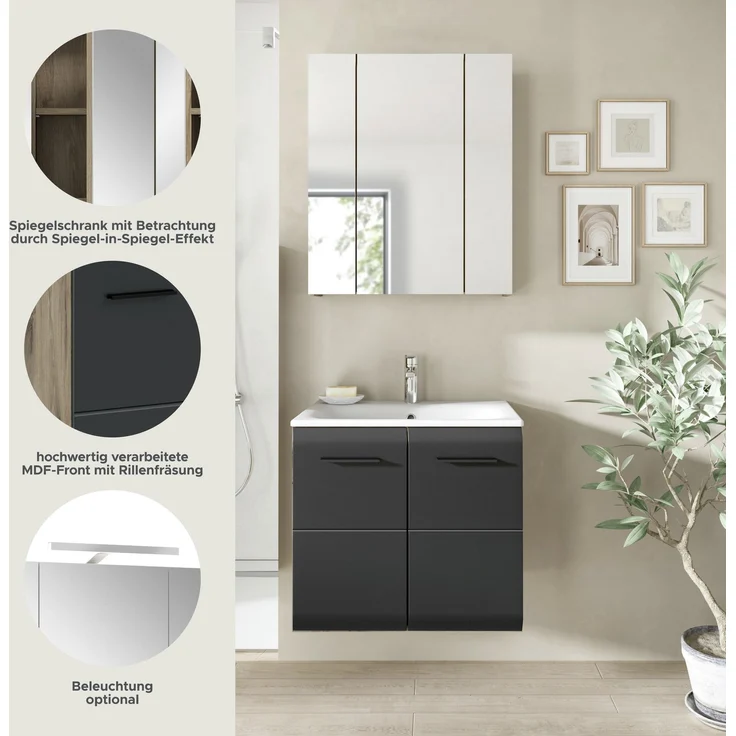 Badkombination (B/H/T: 60x185x46 cm) in schwarz matt und Nox Oak Nachbildung – Bild 8