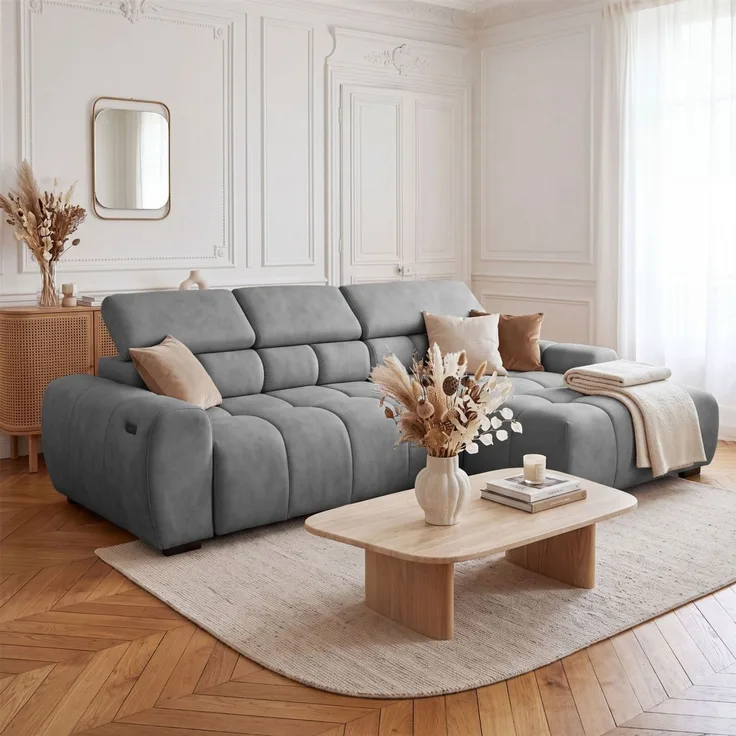 Ecksofa Schlafsofa VELUNIO RELAX in Stoff Salvador Grau Ottomane Rechts